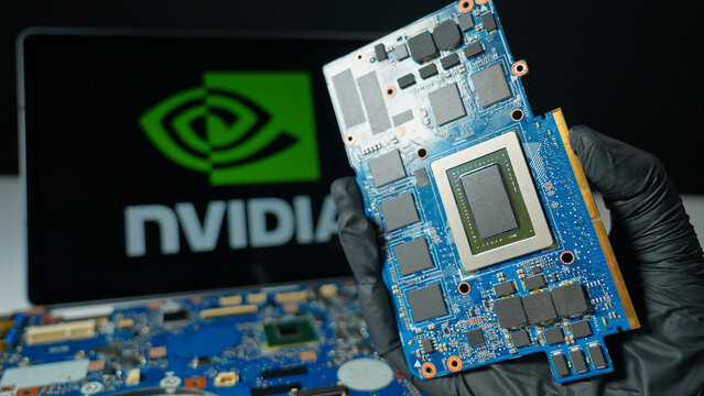 Nvidia background display with chip set. American technology company, leader in artificial intelligence AI infrastructure and graphics processing units GPUs : Toronto, Ontario, Canada - May 9, 2026