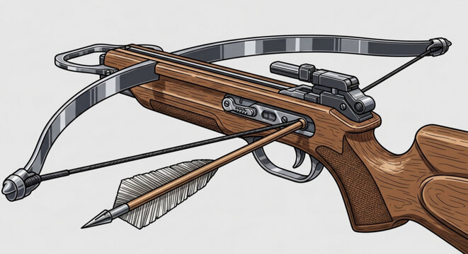 Crossbow with Loaded Arrow, Wooden Stock and Metal Limbs, Isolated Vector Illustration