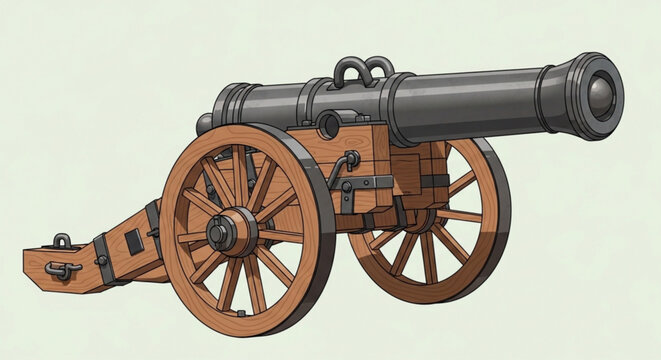 Antique Cannon Illustration, Side View, Isolated on White Background