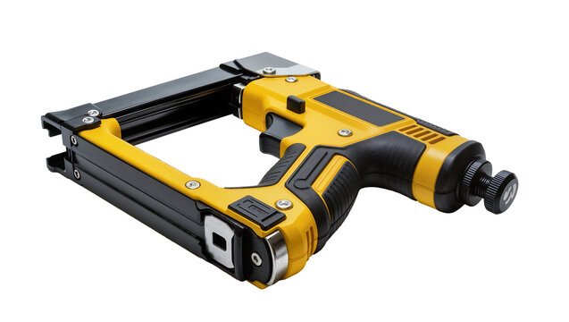 Isolated professional yellow and black heavy duty staple gun manual hand tool for carpentry.