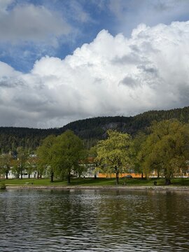 Drammenselva River Waterfront Park with Trees in Drammen Norway