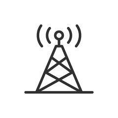 Naklejka premium Broadcast tower with signal waves, linear style icon. Wireless communication and network transmission. Editable stroke width