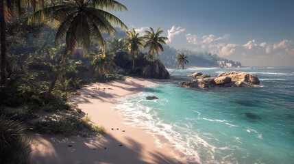 Naklejka premium Serene tropical beach featuring golden sand, swaying palm trees, clear turquoise water, and rocky outcrops under bright sunlight with scattered clouds.