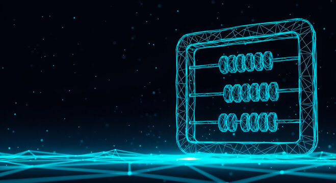 A glowing digital abacus floating in a dark, abstract cyberspace background with neon blue accents.