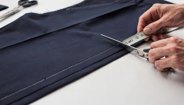 Closeup medium shot of navy sateen fabric being measured and cut for slimfit chinos highlighting the smooth texture and careful craftsmanship on a clean table surface.