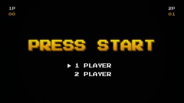 Retro Pixel Art Video Game Press Start Screen with Glitch Effect, 8-bit arcade animation, vintage gaming aesthetic, CRT monitor scanlines, nostalgic player selection menu 4k video