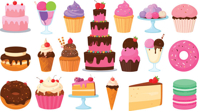 Sweet dessert cake and pastry icon set featuring colorful vector illustrations of cupcakes donuts ice cream macarons and bakery treats isolated on white background.