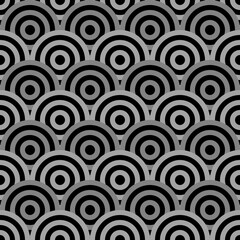 Fish scale wallpaper. Asian traditional ornament with repeated scallops. Repeated grey circles and semicircles on black background. Seamless surface pattern design with rings. Vinyl motif. Vector. © funkyplayer