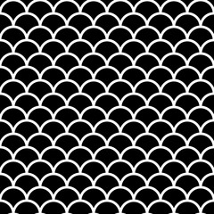 Fish scale wallpaper. Asian traditional ornament with repeated scallops. Repeated black curves on white background. Seamless surface pattern design with semicircles. Grid motif. Digital paper. Vector. © funkyplayer