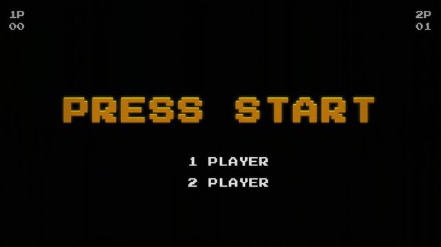 Retro 8-bit Video Game Start Screen with Press Start Text, Arcade Intro, Pixel Art Interface, Gaming Nostalgia, Vintage Console Display 4k video