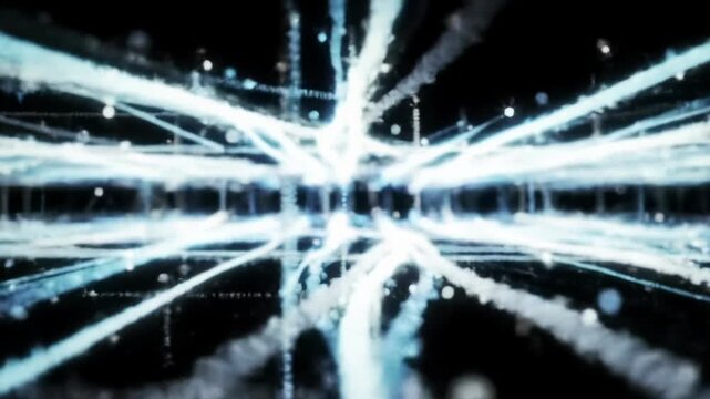 A vast, futuristic, sleek, minimalist digital environment with vibrant, abstract light particles and glowing lines flowing, merging, and interacting around a central data hub, seen with tracking