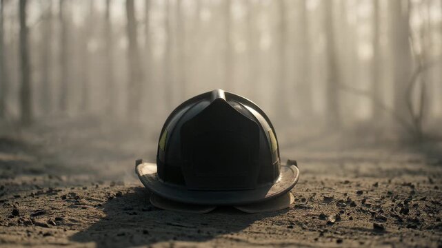Firefighter helmet rests on ground in burnt forest. Protective gear of rescue worker in smoky aftermath of wildfire. Emergency service concept and hazard theme.