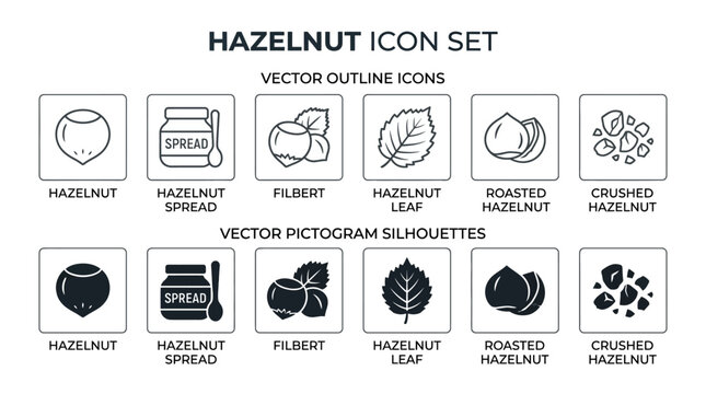 Hazelnut Icon Set Vector Illustration Showing Filbert and Spread Designs