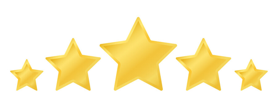 Five golden stars isolated on white background. Rating system for review. Customer feedback evaluation symbol representing high quality, excellence and best service. Vector illustration