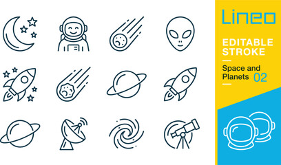 Space icons set with planets, rockets and astronauts in line art © jannat Stock