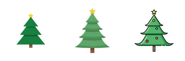 Obraz premium Set of Flat Christmas Tree Icons, Festive Holiday Pine Trees with Ornaments and Stars, Isolated PNG Transparent Backgrounds for Seasonal Design, Greeting Cards, and Party Decorations