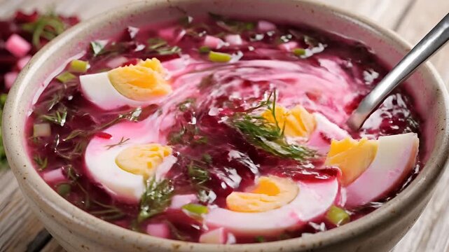 Delicious Cold Beetroot Soup with Egg and Dill.