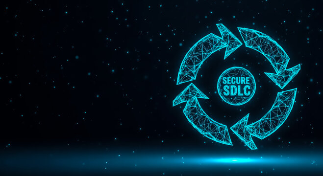 Abstract digital illustration of a secure software development lifecycle (SDLC) with arrows forming an infinite loop, emphasizing continuous security processes in a cybersecurity context.