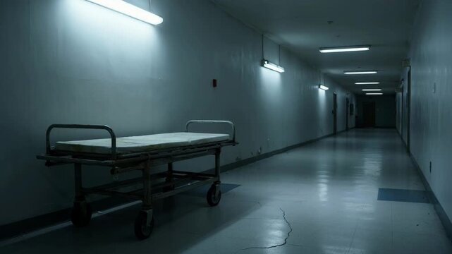 Empty hospital hallway with a metal stretcher. Abandoned passage in a healthcare facility. Gloomy medical corridor with fluorescent light for horror background.