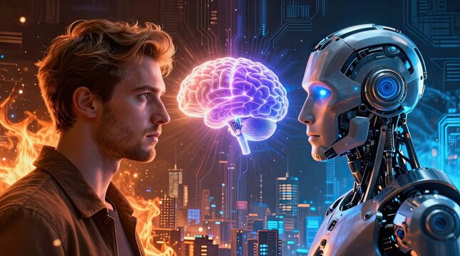 A conceptual depiction of a human man and an advanced android robot facing each other with a glowing digital brain between them