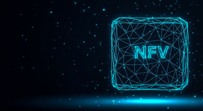A modern, glowing grid structure with the text 'NFV' inside, set against a dark, starry background. Conceptual image for Network Functions Virtualization.