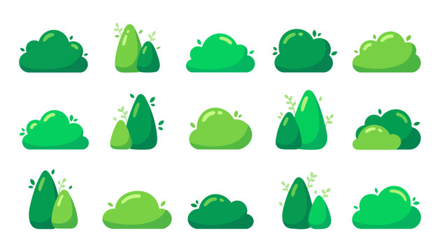 Green bush and shrub icons set in flat cartoon style