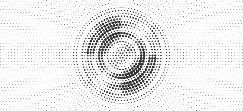 Black halftone circle radial dot pattern background, abstract round geometric frame texture, modern monochrome digital target vector design