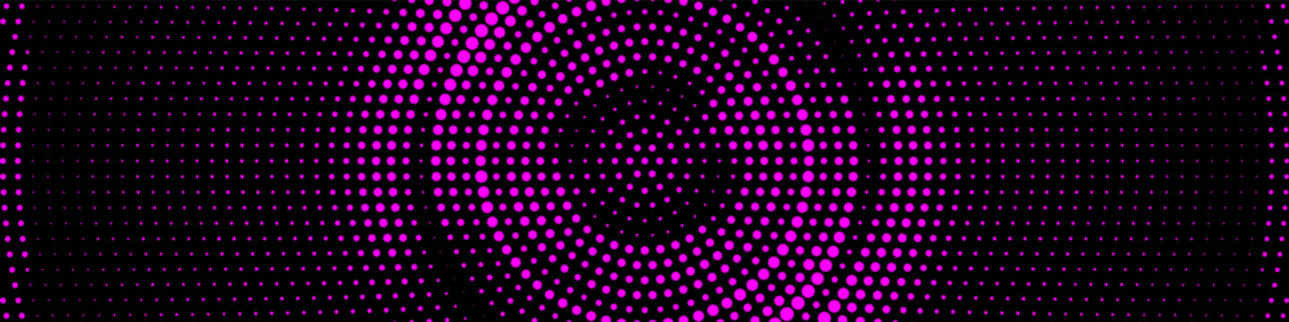 Purple and pink halftone dot pattern on black background, vibrant abstract neon concentric radial texture, modern dark vector design