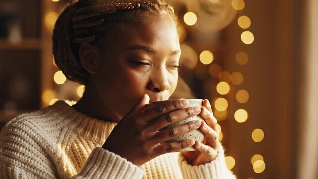 happy african american woman in white sweater holding mug with hot drink. smiling female enjoying coffee against background with warm bokeh lights. cozy winter holiday mood, relaxation concept.