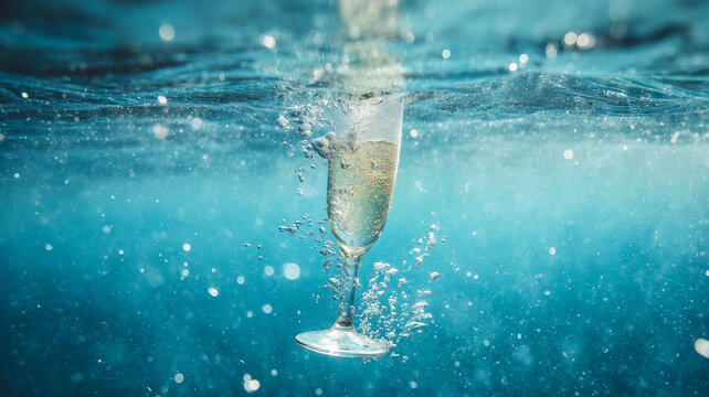 AN EMPTY WHITE WINE FLUTE THAT HAS JUST FALLEN INTO THE WATER