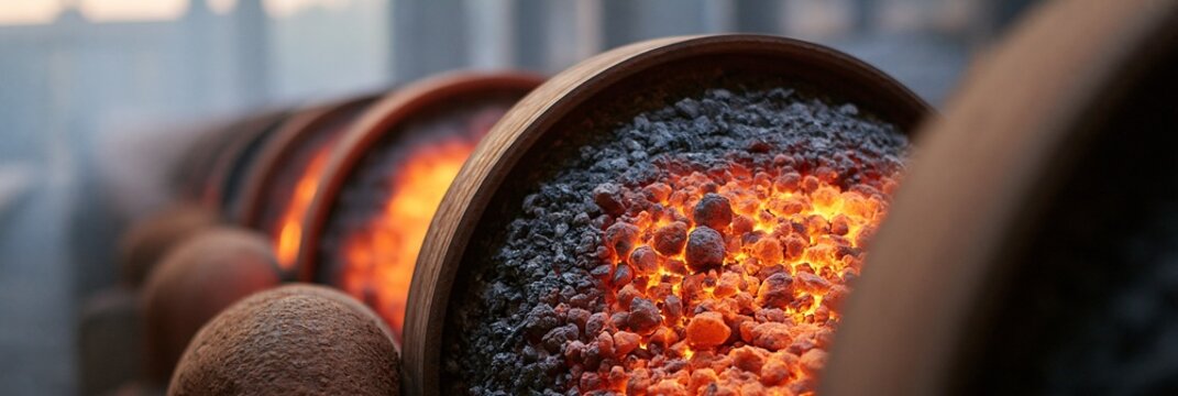 Detailed shot capturing steel rollers supporting a rotary kiln with clinker moving through fiery orange hues emphasizing sharp textures of burning materials against soft industrial