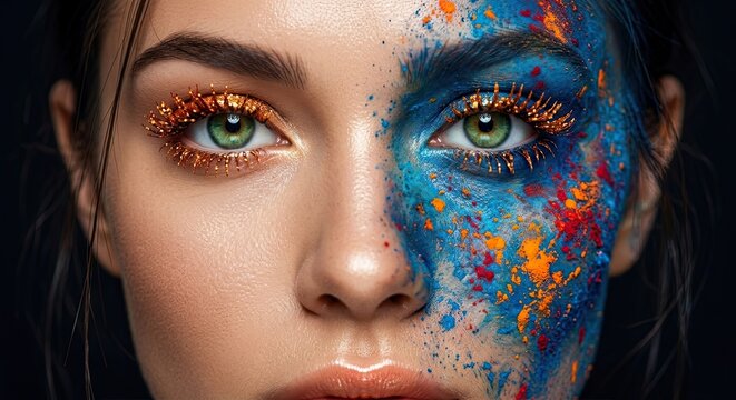 A close-up portrait of a woman with vibrant blue and orange artistic makeup applied to half of her face