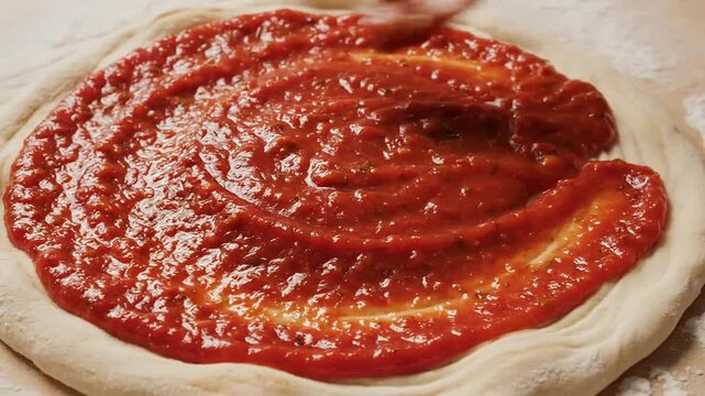 Close-Up View of Pizza Preparation: Spreading Tomato Sauce on Freshly Made Crust in a Cozy Kitchen Environment