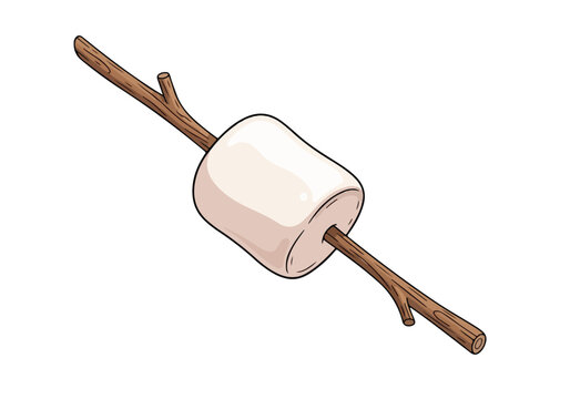 Cartoon marshmallow roasted on a wooden stick for camping or outdoor activities