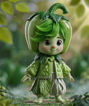 Adorable Chibi Character with Green Bell Pepper Costume in Lush Forest Setting