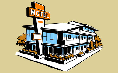Vintage retro motel building illustration with classic sign. Hand-drawn style for road trip, travel and vacation themes. Vector graphic artwork. © Tri