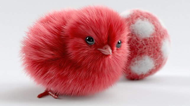 Fluffy Red Baby Chick Next to a Decorative Easter Egg on a White Background