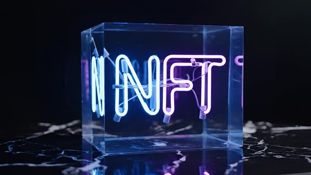 Neon NFT Sign Glowing Inside Crystal Cube on Dark Background.