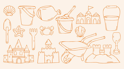 Sandcastle and beach toys set with buckets and shovels, watering can and molds, orange outline doodle flat retro style. Hand drawn vector summer kids activity elements collection for family vacation © Coxic25
