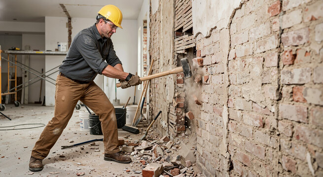 Construction worker in hard hat breaking brick wall with sledgehammer. Heavy interior demolition and remodeling