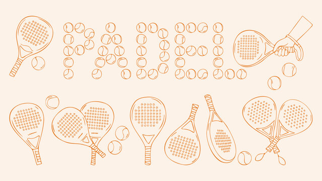 Padel tennis set with rackets, balls, lettering and hand holding racket, orange outline doodle flat retro style. Hand drawn vector sports equipment for active game, isolated on beige background.