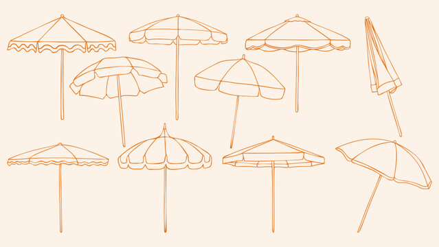 Beach umbrella set with sunshade parasols, orange outline doodle flat retro style. Hand drawn vector sketch, elements collection of summer protection for sea vacation, resort lounge, isolated on beige