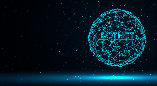 Abstract digital illustration of a botnet with interconnected nodes in a dark cyber space with glowing lines.