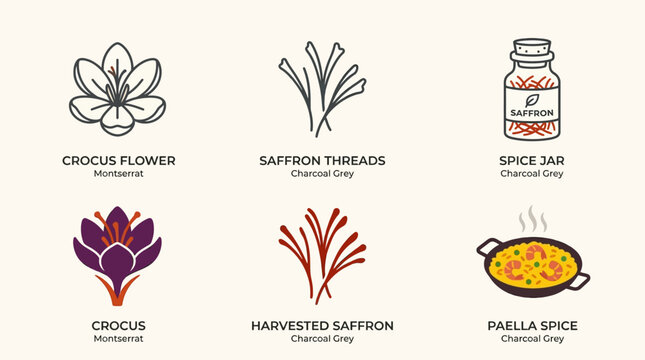 Saffron Ingredients Crocus Flower Threads Spice Jar Paella Vector Set