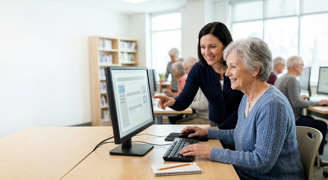 Senior woman learning computer skills with an instructor. Mature lady using a desktop in a library