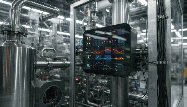 Medium shot of a digital dashboard displaying live IoT sensor data monitoring temperature and vacuum levels on a production line in a modern industrial setting.
