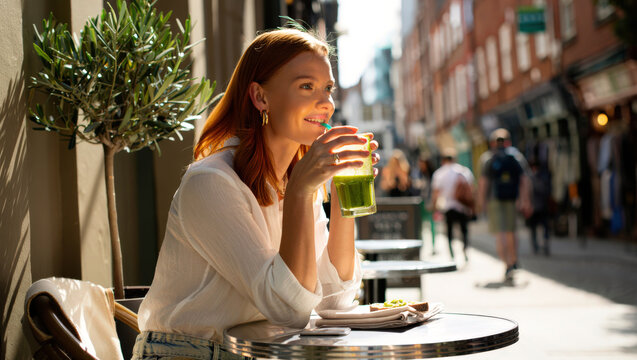 Young woman drinking green juice at outdoor cafe sunny city street healthy lifestyle wellness nutrition beauty glowing skin portrait