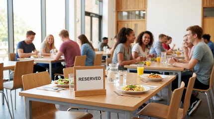 Obraz premium Reserved sign on a set lunch table in a bright cafeteria. Plates of food and drinks ready for a meal. Diverse group of students eating and socializing in the background