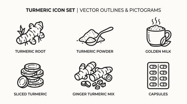 Turmeric Icon Set with Vector Outlines Pictograms of Root Powder Slices
