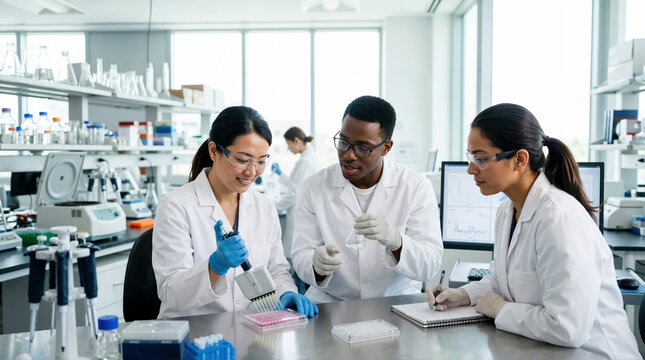 Diverse team of scientists working in modern laboratory. Researchers collaborating on experiment with pipette and microplate